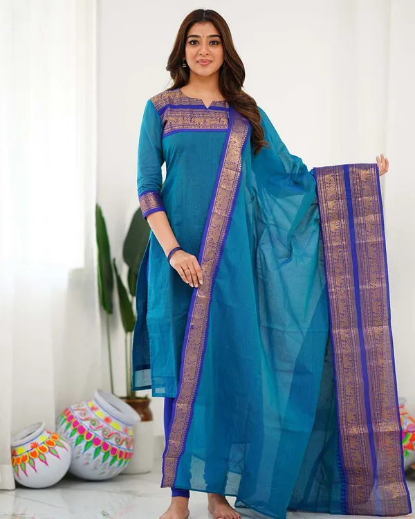 Blue_Cotton_Salwar_With_Dupatta_For_Women