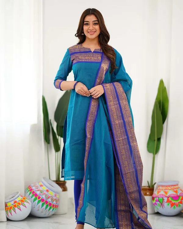 Blue_Cotton_Salwar_With_Dupatta_For_Women