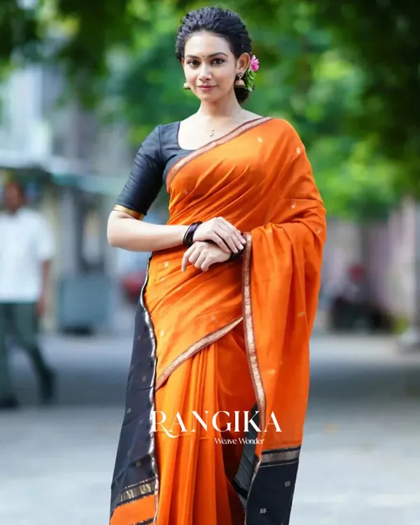 Orange_And_Black_Premium_Cotton_Silk_Saree_With_Classy_Blouse_and_tassels