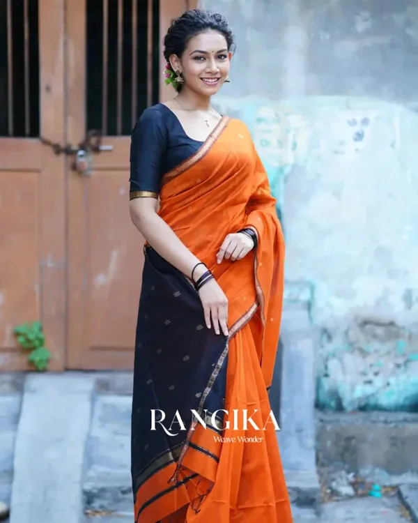 Orange_And_Black_Premium_Cotton_Silk_Saree_With_Classy_Blouse_and_tassels