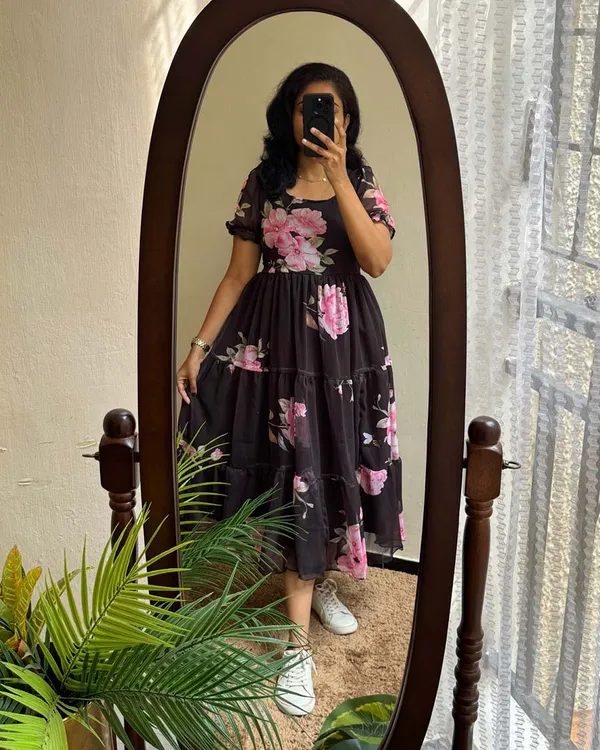 Black_Pure_Cotton_One_Piece_Dress_Fully_Stitched_-_Pink_Floral_Ready_To_Wear_For_Women