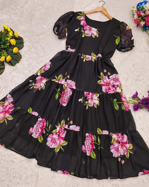 Black_Pure_Cotton_One_Piece_Dress_Fully_Stitched_-_Pink_Floral_Ready_To_Wear_For_Women