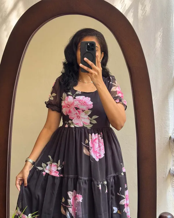 Black_Pure_Cotton_One_Piece_Dress_Fully_Stitched_-_Pink_Floral_Ready_To_Wear_For_Women
