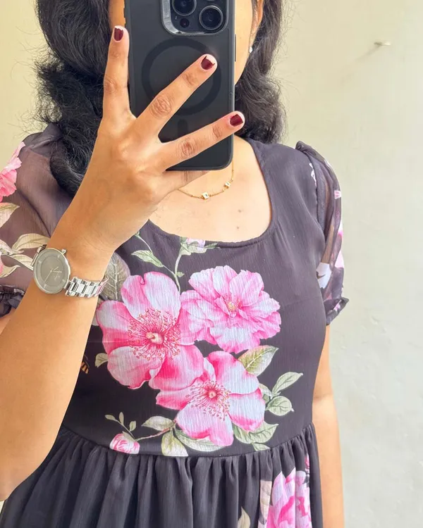 Black_Pure_Cotton_One_Piece_Dress_Fully_Stitched_-_Pink_Floral_Ready_To_Wear_For_Women