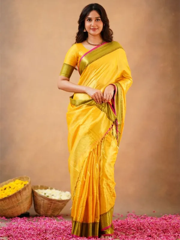 Yellow_Tissue_Cotton_Saree_with_Olive_Border_&_Pink_Piping,_With_Blouse_Piece