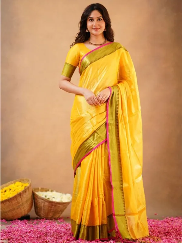 Yellow_Tissue_Cotton_Saree_with_Olive_Border_&_Pink_Piping,_With_Blouse_Piece