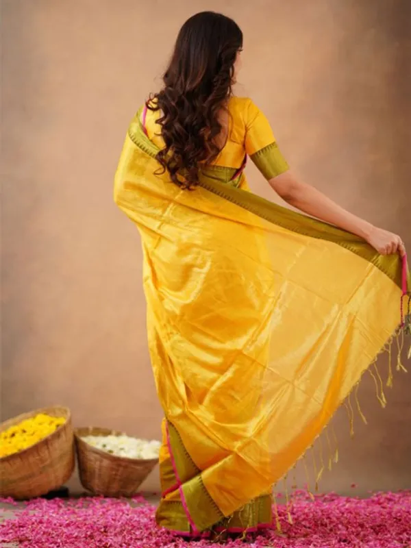 Yellow_Tissue_Cotton_Saree_with_Olive_Border_&_Pink_Piping,_With_Blouse_Piece