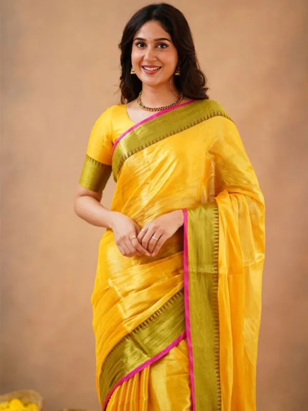 Yellow_Tissue_Cotton_Saree_with_Olive_Border_&_Pink_Piping,_With_Blouse_Piece