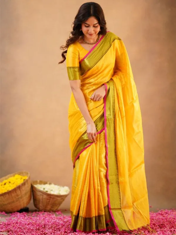 Yellow_Tissue_Cotton_Saree_with_Olive_Border_&_Pink_Piping,_With_Blouse_Piece