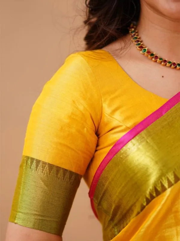 Yellow_Tissue_Cotton_Saree_with_Olive_Border_&_Pink_Piping,_With_Blouse_Piece