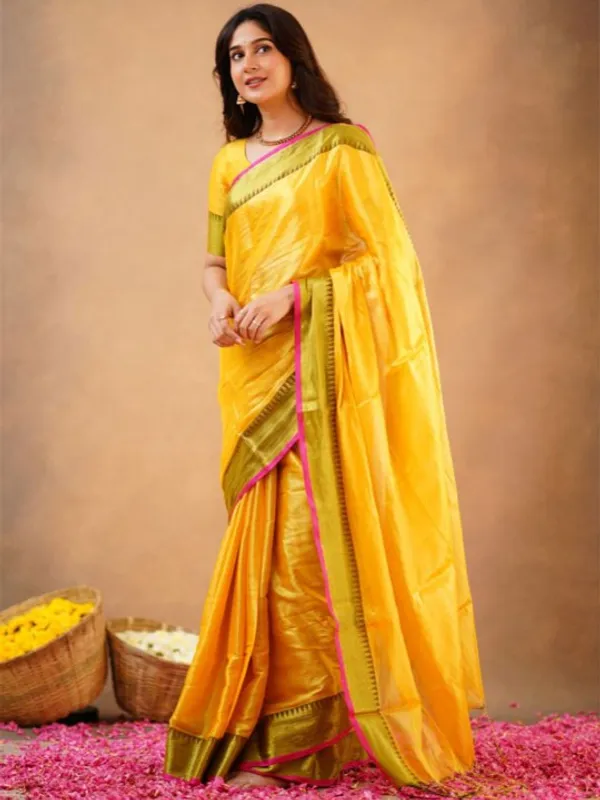 Yellow_Tissue_Cotton_Saree_with_Olive_Border_&_Pink_Piping,_With_Blouse_Piece