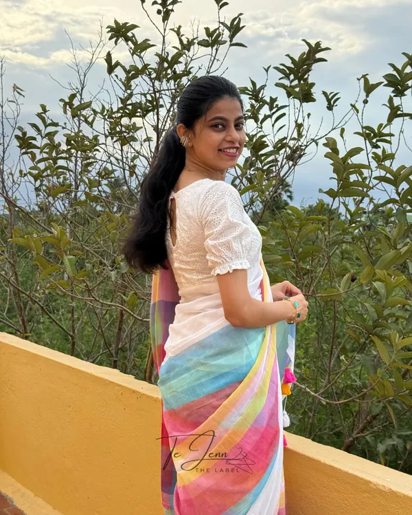 Megh_Dhanush_-_White_Linen_Saree_with_Rainbow_Stripes_&_Blouse_Piece