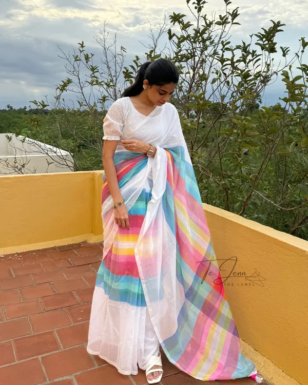 Megh_Dhanush_-_White_Linen_Saree_with_Rainbow_Stripes_&_Blouse_Piece