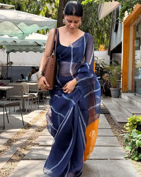 NeelKesar_-_Navy_Blue_and_Saffron_Linen_Saree_with_Navy_Blue_Blouse