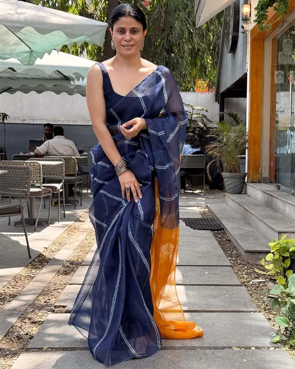 NeelKesar_-_Navy_Blue_and_Saffron_Linen_Saree_with_Navy_Blue_Blouse