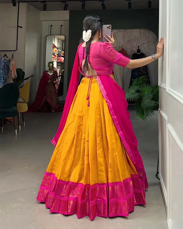 Yellow_And_Pink_Kanchipuram_Zari_Weaving_Half_Saree_With_Blouse___Silk_Dupatta