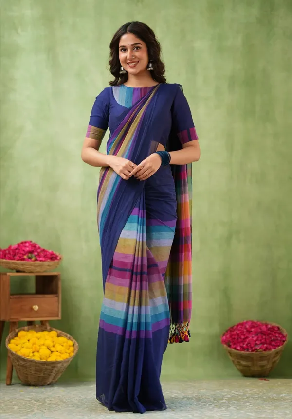 Navy_Blue_Mulmul_Cotton_Saree_with_Multicolor_Striped_Pallu_&_Matching_Navy_Blue_Blouse_Piece