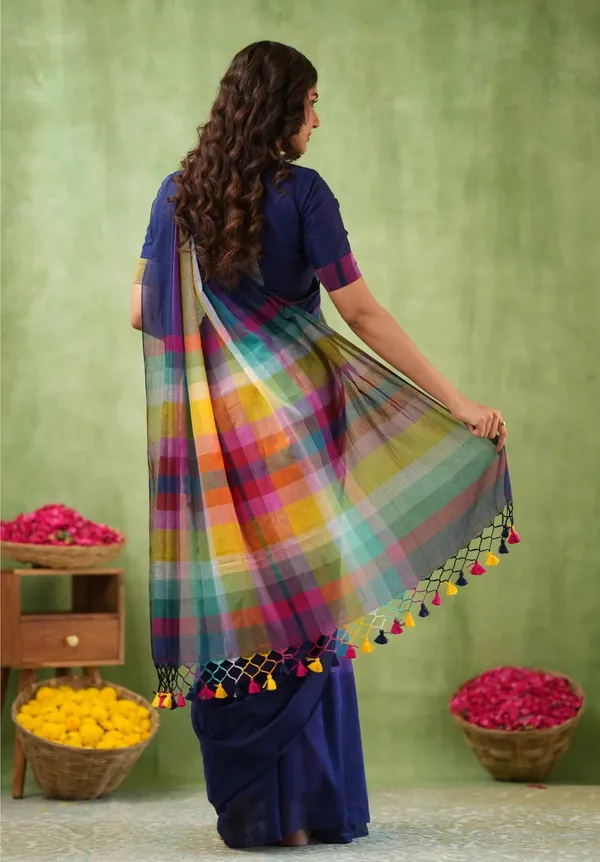 Navy_Blue_Mulmul_Cotton_Saree_with_Multicolor_Striped_Pallu_&_Matching_Navy_Blue_Blouse_Piece