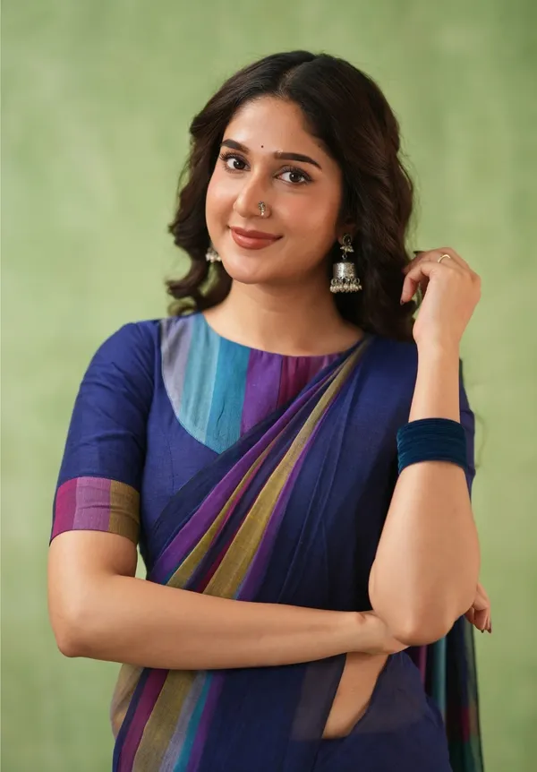 Navy_Blue_Mulmul_Cotton_Saree_with_Multicolor_Striped_Pallu_&_Matching_Navy_Blue_Blouse_Piece