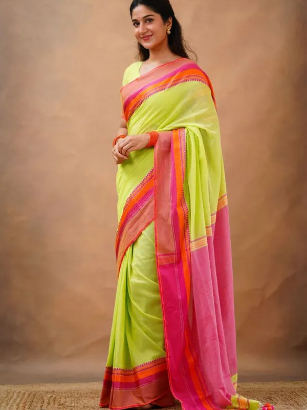 Lime_Green_Mulmul__Cotton_Saree_with_Pink_&_Orange_Contrast_Border_&_Blouse_Piece