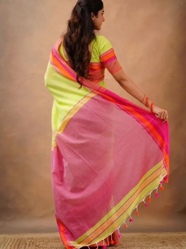 Lime_Green_Mulmul__Cotton_Saree_with_Pink_&_Orange_Contrast_Border_&_Blouse_Piece