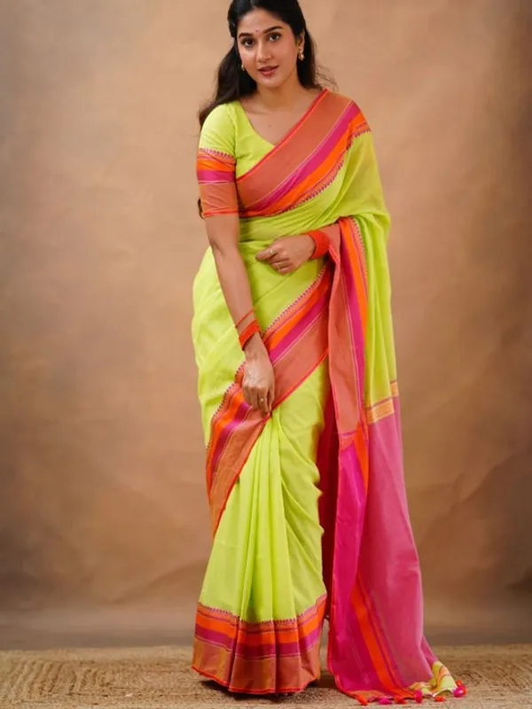 Lime_Green_Mulmul__Cotton_Saree_with_Pink_&_Orange_Contrast_Border_&_Blouse_Piece
