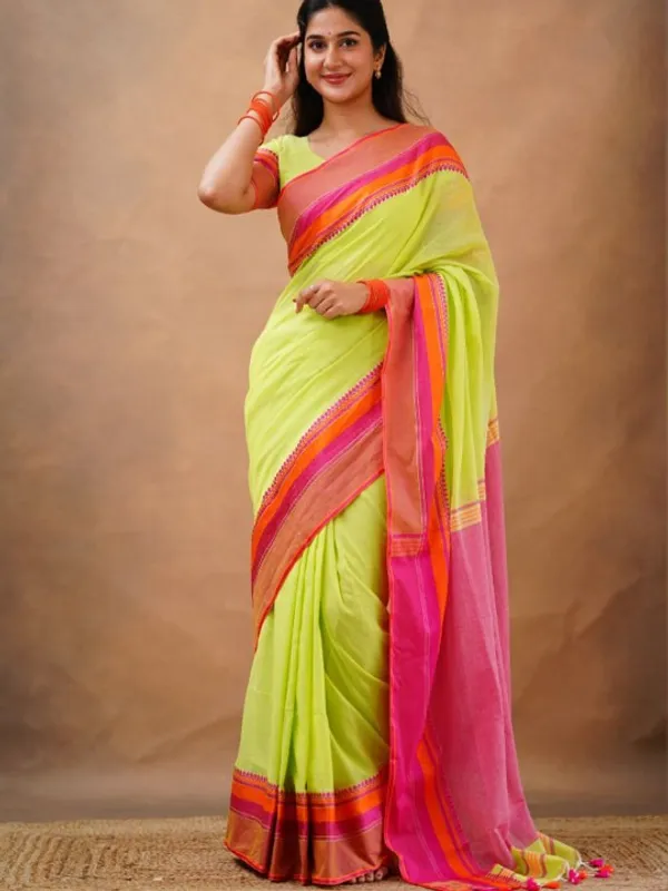 Lime_Green_Mulmul__Cotton_Saree_with_Pink_&_Orange_Contrast_Border_&_Blouse_Piece