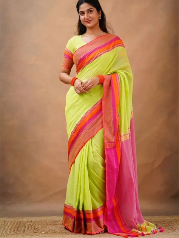 Lime_Green_Mulmul__Cotton_Saree_with_Pink_&_Orange_Contrast_Border_&_Blouse_Piece