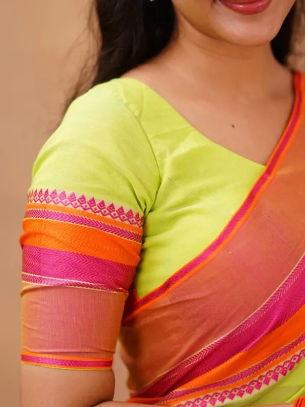 Lime_Green_Mulmul__Cotton_Saree_with_Pink_&_Orange_Contrast_Border_&_Blouse_Piece