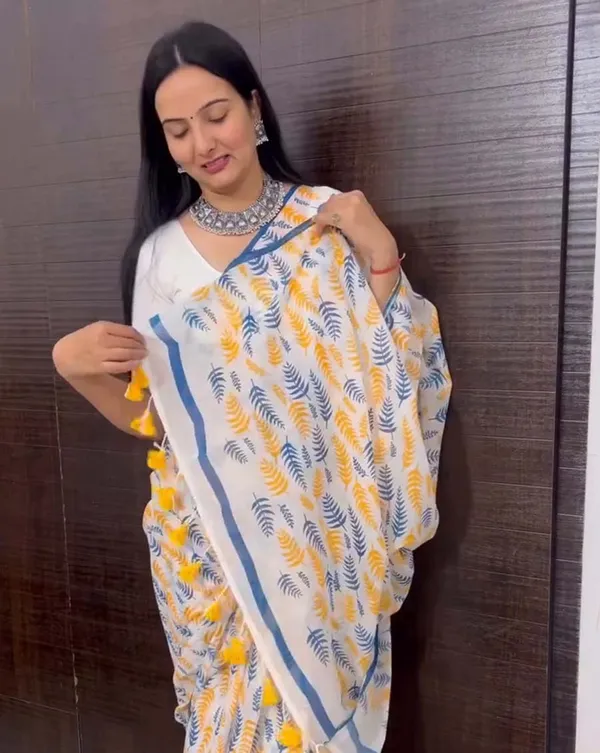 Icy_Edge_-_White_Linen_Saree_with_Small_Blue_Border_&_White_Blouse