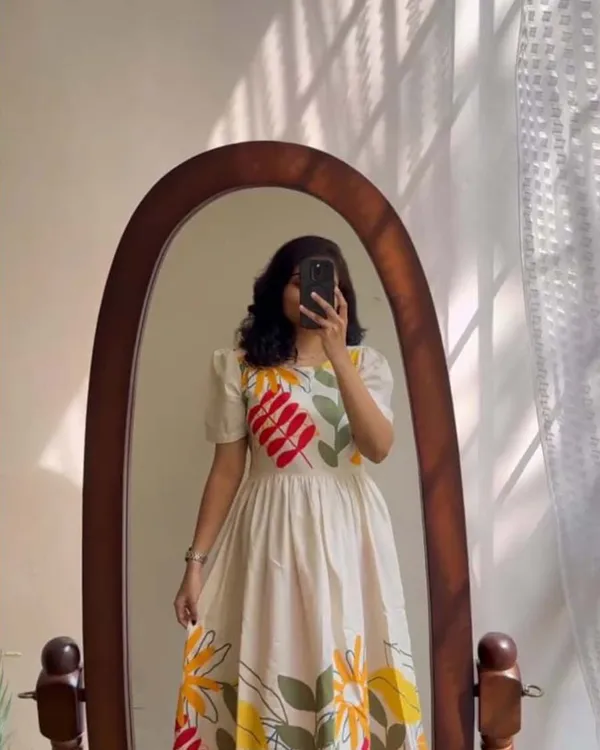 Cream_Pure_Cotton_One_Piece_Dress_Fully_Stitched_-_Floral_Print_Design_Ready_To_Wear_For_Women_For_Women