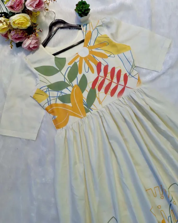 Cream_Pure_Cotton_One_Piece_Dress_Fully_Stitched_-_Floral_Print_Design_Ready_To_Wear_For_Women_For_Women
