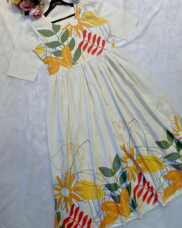 Cream_Pure_Cotton_One_Piece_Dress_Fully_Stitched_-_Floral_Print_Design_Ready_To_Wear_For_Women_For_Women