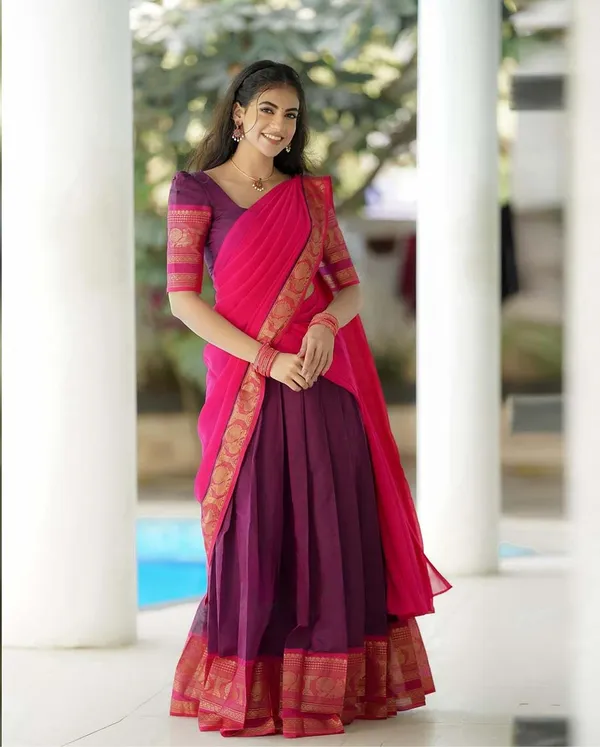 Purple_And_Pink_Kanchipuram_Zari_Weaving_Half_Saree_With_Blouse___Silk_Dupatta