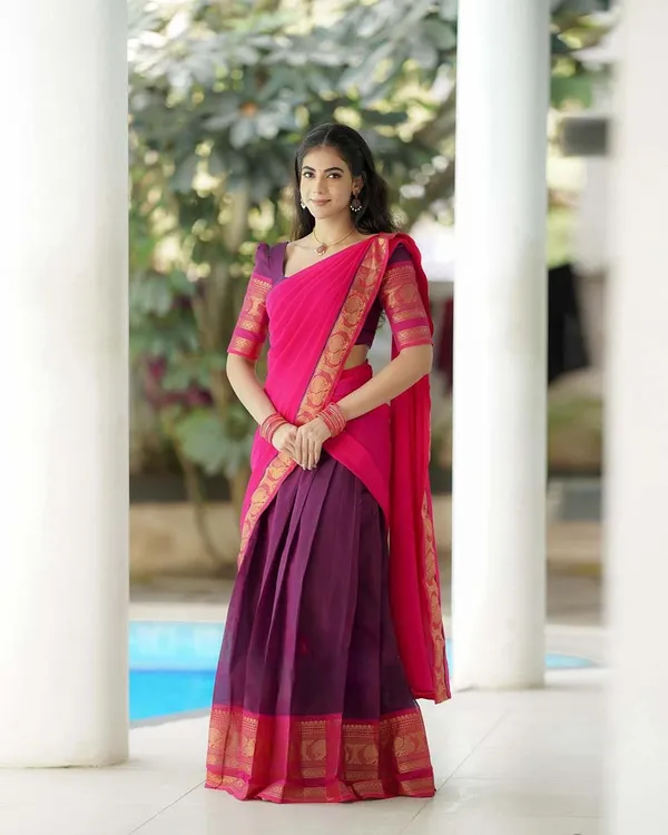 Purple_And_Pink_Kanchipuram_Zari_Weaving_Half_Saree_With_Blouse___Silk_Dupatta