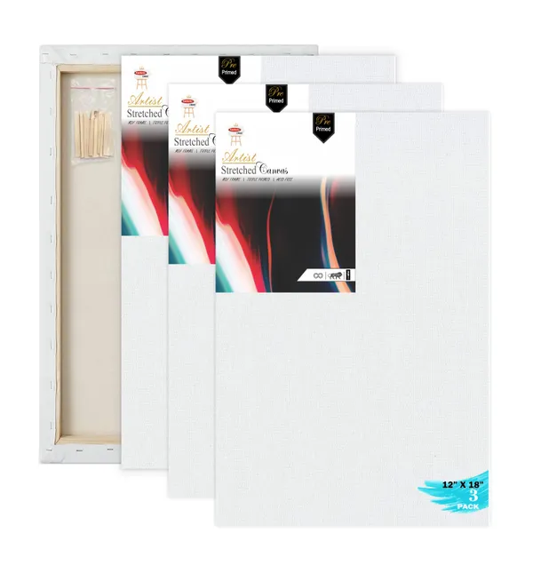 12X18_STRETCHED_WHITE_PRIMED_COTTON_PRE_STRETCHED_CANVAS_WITH_WOODEN_FRAME_PACK_OF_3