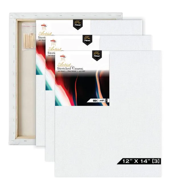 12X14_STRETCHED_WHITE_PRIMED_COTTON_PRE_STRETCHED_CANVAS_WITH_WOODEN_FRAME_PACK_OF_3