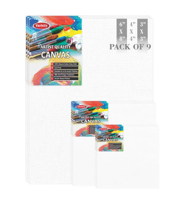 6x8_,4x4_and_3x3_Inch_Cotton_Canvas_Board_for_Acrylic_Painting,Medium_Grain_Triple_Primed_White_Color_Pack_of_9