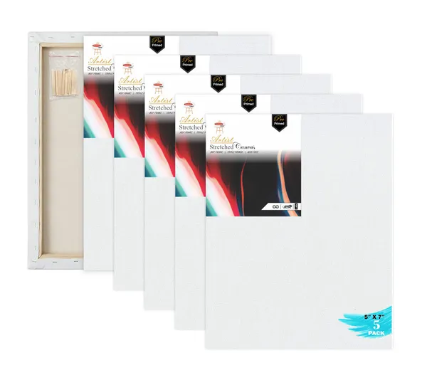 5X7_STRETCHED_WHITE_PRIMED_COTTON_PRE_STRETCHED_CANVAS_WITH_WOODEN_FRAME_PACK_OF_5