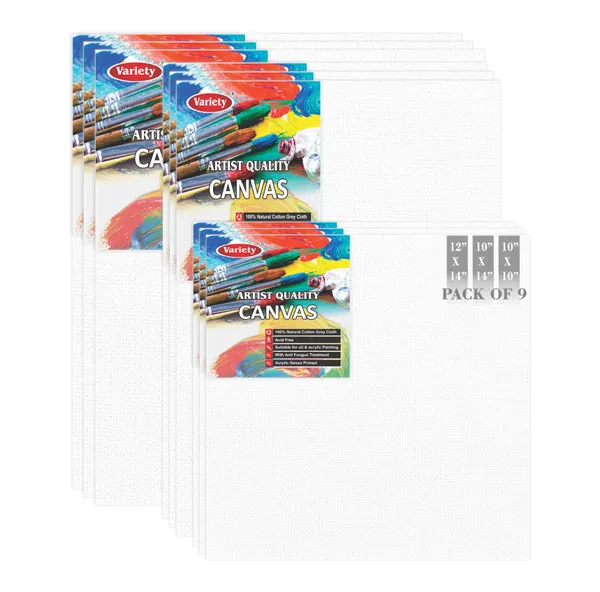 VARIETY_CANVAS_12X14,_10X14,_10X10_Inch_Cotton_Canvas_Board_for_Acrylic_Painting,_White_Color_Pack_of_9