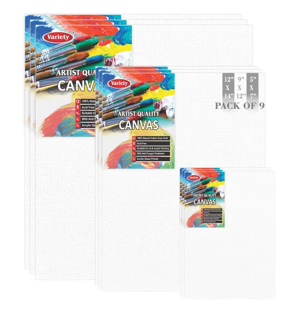 VARIETY_CANVAS_BOARDS_12X14,9x12,5x7_Inch_Cotton_Canvas_Board_for_Acrylic_Painting_White_Color_Pack_of__9