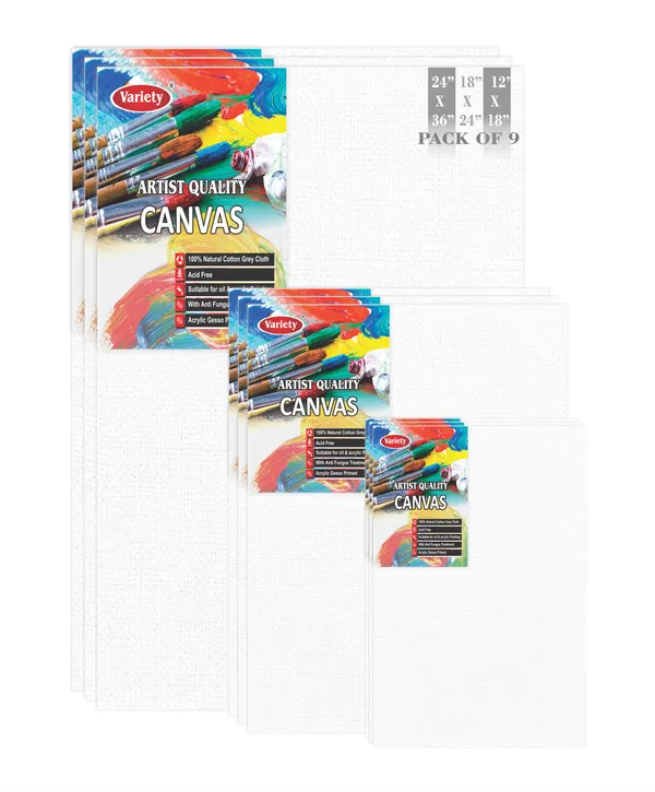 VARIETY_CANVAS_BOARDS_24X36,18x24,12x18_Inch_Cotton_Canvas_Board_for_Acrylic_Painting_White_Color_Pack_of__9
