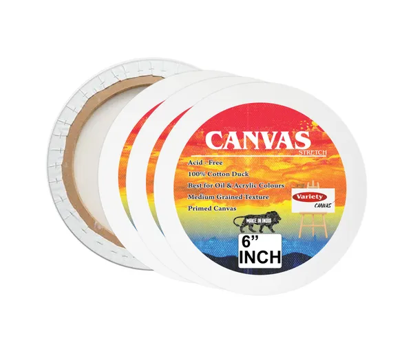VARIETY_ROUND_STRETCHED_CANVAS_6_INCH_10OZ_MEDIUM_GRAIN_TRIPLE_PRIMED_WHITE_COLOR_PACK_OF_3