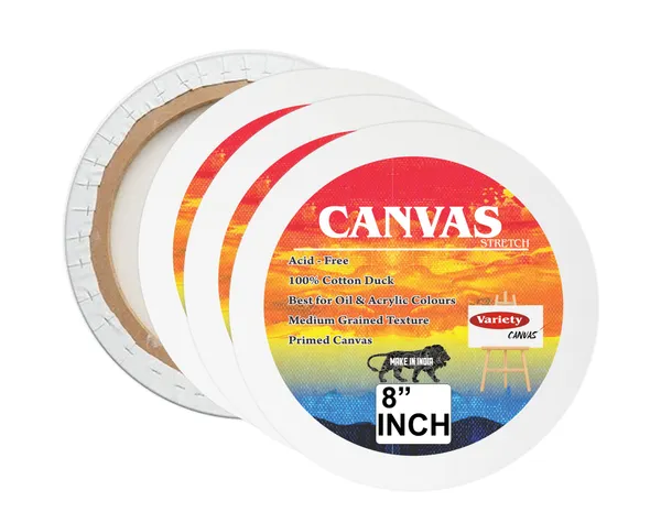 VARIETY_ROUND_STRETCHED_CANVAS_8_INCH_10OZ_MEDIUM_GRAIN_TRIPLE_PRIMED_WHITE_COLOR_PACK_OF_3