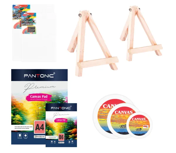 Variety_Canvas_Art_Kit_For_Artists_N_Students_Which_Includes_2_Pc_Canvas_Boards_[6X8_,5X7]_,_Round_Canvas_Board_3"4"5"_[3]_,Canvas_Pad_A/4_,B/6_[2]_,_Wooden_Easel_Stand_8"6"[2]_Pack_Of_9