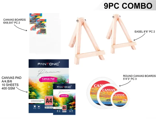 Variety_Canvas_Art_Kit_For_Artists_N_Students_Which_Includes_2_Pc_Canvas_Boards_[6X8_,5X7]_,_Round_Canvas_Board_3"4"5"_[3]_,Canvas_Pad_A/4_,B/6_[2]_,_Wooden_Easel_Stand_8"6"[2]_Pack_Of_9