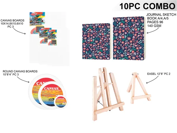 Variety_Canvas_Art_Kit_For_Artists_N_Students_Which_Includes_[3_Pc_Canvas_Boards_[_10X14_,8X10_,_6X10_]_,_Round_Canvas_Board_10"8"4"_[3],_Journal_Sketchnotebook_A/4,A/5_[2]_,_Wooden_Easel_Stand_12"8"_[2]_0
