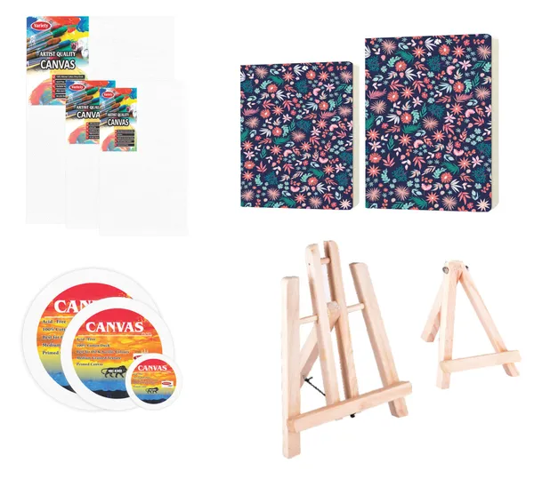 Variety_Canvas_Art_Kit_For_Artists_N_Students_Which_Includes_[3_Pc_Canvas_Boards_[_10X14_,8X10_,_6X10_]_,_Round_Canvas_Board_10"8"4"_[3],_Journal_Sketchnotebook_A/4,A/5_[2]_,_Wooden_Easel_Stand_12"8"_[2]_0