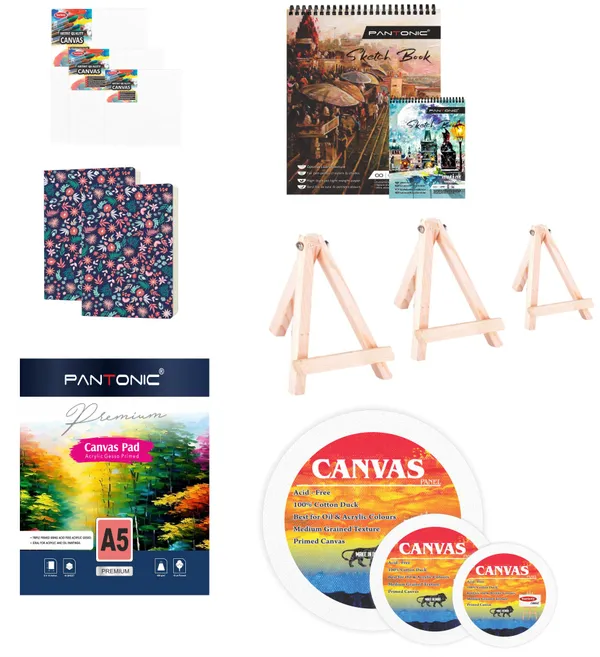 Variety_Canvas_Art_Kit_For_Artists_N_Students_Which_Includes_[3_Pc_Canvas_Boards_[_5X7_,5X5_,_4X4_]_,_Round_Canvas_Board_12"6"5"_[3]_,Canvas_Pad_A/5_[1]_,_Journal_Sketchnotebook_B/6_[2]_,_Sketchnotebook_A/6,A/5_,[2],_Wooden_Easel_Stand_8"6"4"_[2]_4
