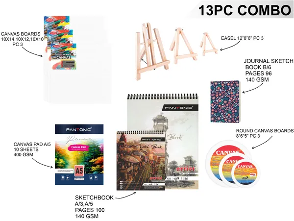 Variety_Canvas_Art_Kit_For_Artists_N_Students_Which_Includes_[_3_Pc_Canvas_Boards_[_10X10_,10X12_,_10X14_]_,_Round_Canvas_Board_8"6"5"_[3],_Canvas_Pad_A/5_1Pc_,_Journal_Sketchnotebook_B/6_[1]_,_Sketchnotebook_A/3_A/5_[2]_,_Wooden_Easel_Stand_12"8"6"_[3]_3